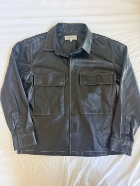 Hudson Jeans Black Faux Leather Utility Shirt Jacket with Contrast Stitching S